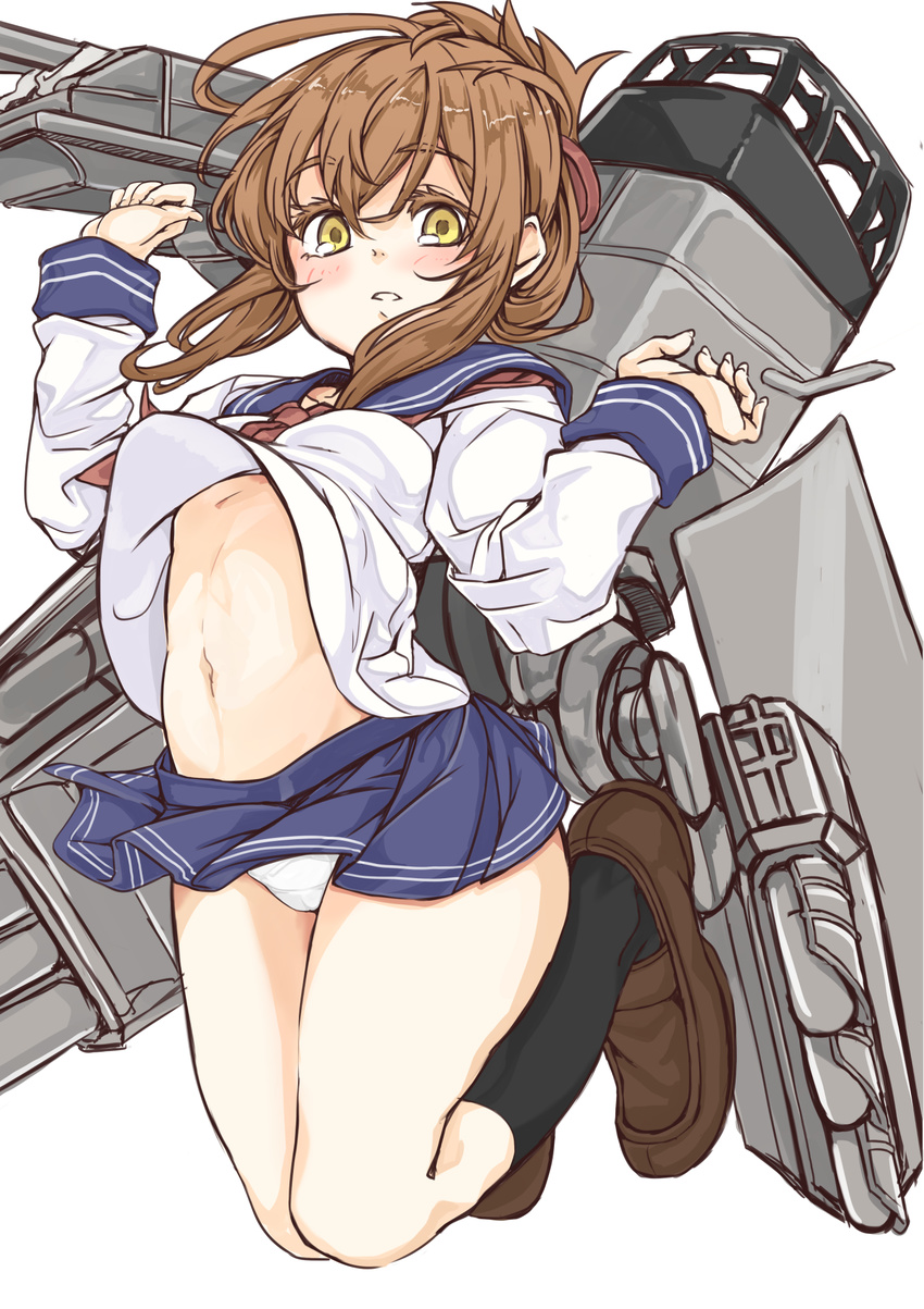 black_legwear blouse blush brown_eyes brown_hair folded_ponytail full_body highres inazuma_(kantai_collection) jumping kamo_(yokaze) kantai_collection kneehighs loafers long_sleeves looking_at_viewer machinery miniskirt navel neckerchief panties parted_lips pleated_skirt sailor_collar school_uniform serafuku shirt_lift shoes simple_background skirt skirt_lift solo underwear white_background white_panties