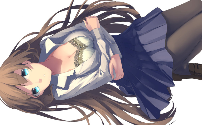 black_legwear blue_eyes bra breasts brown_hair cleavage collarbone lace lace-trimmed_bra long_hair looking_at_viewer medium_breasts open_clothes original pantyhose shoes skirt solo touboku underwear white_bra