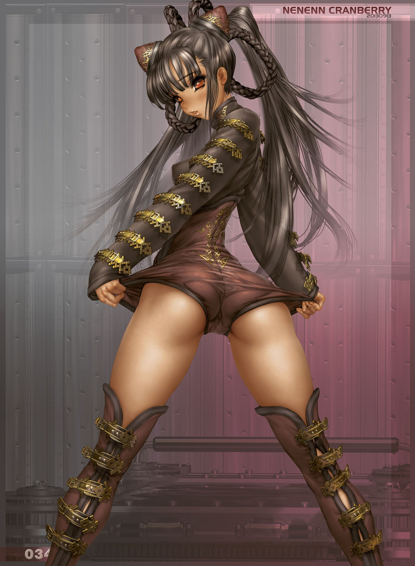 ass black_hair boots braid breasts bun_cover chinese_clothes double_bun greaseberries highres lips long_hair looking_at_viewer looking_back medium_breasts nenenn_cranberry orange_eyes shirou_masamune solo twintails