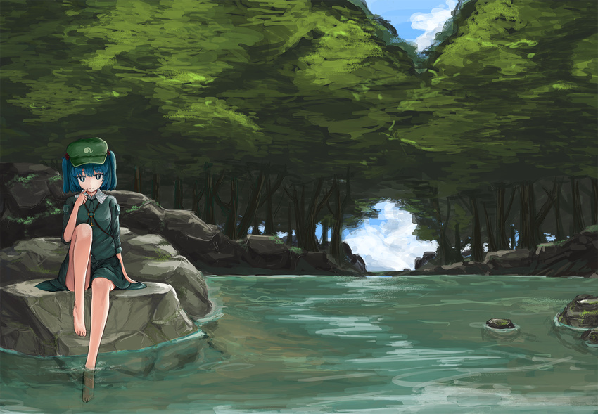 barefoot blue_eyes blue_hair blue_sky cloud cloudy_sky day dress forest grass hair_bobbles hair_ornament hat kawashiro_nitori key leg_up looking_at_viewer monobe_tsukuri moss nature plant pocket pointing pointing_at_self river rock scenery shirt short_hair sitting sitting_on_rock skirt skirt_set sky sleeves_rolled_up soaking_feet solo touhou tree two_side_up water