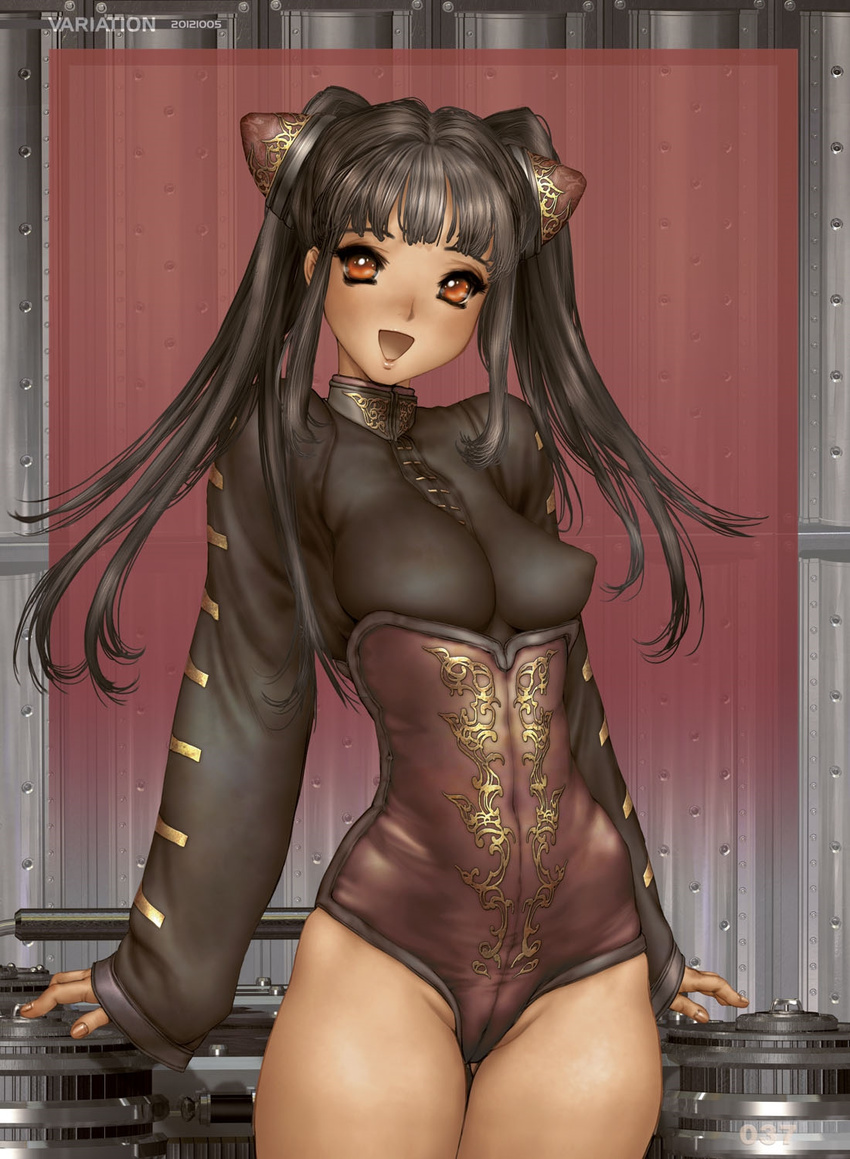 black_hair breasts bun_cover chinese_clothes double_bun greaseberries highres lips long_hair looking_at_viewer medium_breasts nenenn_cranberry open_mouth orange_eyes shirou_masamune smile solo twintails