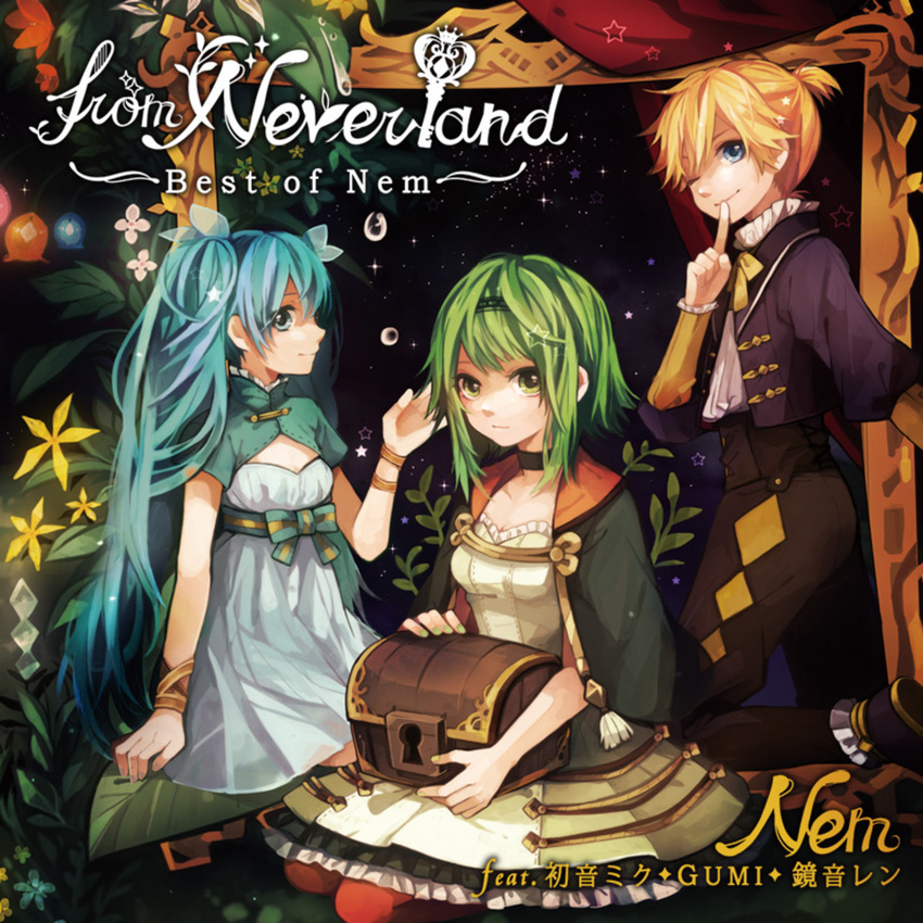 2girls album_cover cover dress finger_to_mouth green_hair gumi hatsune_miku highres kagamine_len long_hair looking_at_viewer multiple_girls one_eye_closed sitting sky smile star_(sky) starry_sky tama_(songe) treasure_chest vocaloid