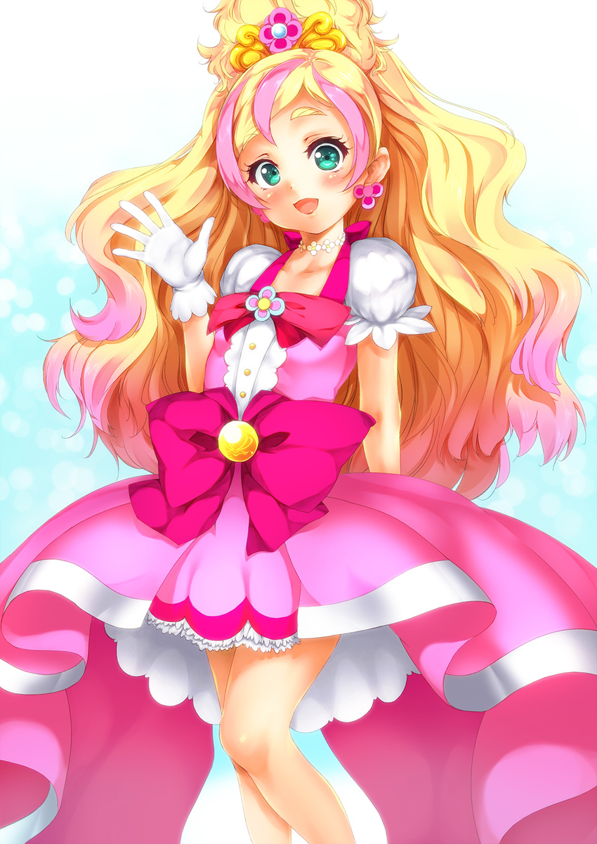 aqua_eyes blonde_hair blue_background blue_eyes blush bow buttons choker cure_flora dress earrings eyelashes flower flower_necklace frilled_skirt frills gloves go!_princess_precure gradient gradient_background gradient_hair hair_ornament half_updo haruno_haruka highres jewelry long_hair magical_girl multicolored_hair necklace ometeotoru_akira open_mouth pink_bow pink_hair pink_skirt precure puffy_short_sleeves puffy_sleeves ribbon short_sleeves skirt smile solo streaked_hair two-tone_hair waving wavy_hair white_background