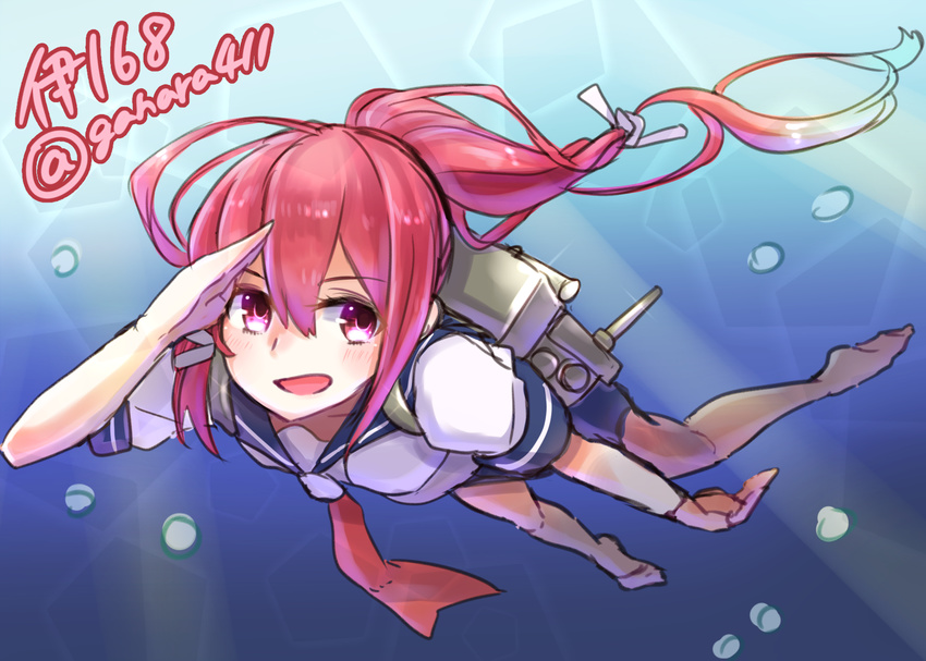 :d bubble character_name diving highres i-168_(kantai_collection) kantai_collection long_hair necktie open_mouth pink_eyes ponytail red_hair salute school_uniform serafuku smile toshi_gahara twitter_username underwater