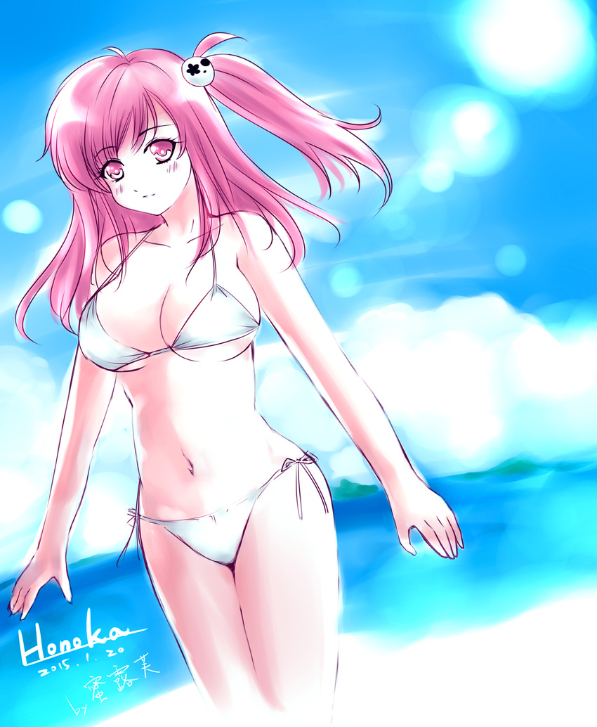 1girl 2015 beach bikini blush breasts character_name dated dead_or_alive dead_or_alive_5 honoka_(doa) large_breasts miru ocean solo swimsuit