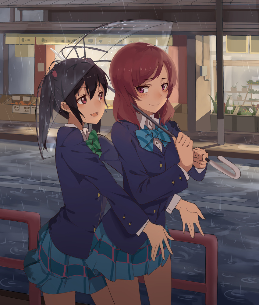 absurdres black_hair blazer highres huanxiang_heitu jacket love_live! love_live!_school_idol_project multiple_girls nishikino_maki otonokizaka_school_uniform pink_eyes rain red_eyes red_hair school_uniform sidewalk skirt transparent transparent_umbrella twintails umbrella water yazawa_nico yuri