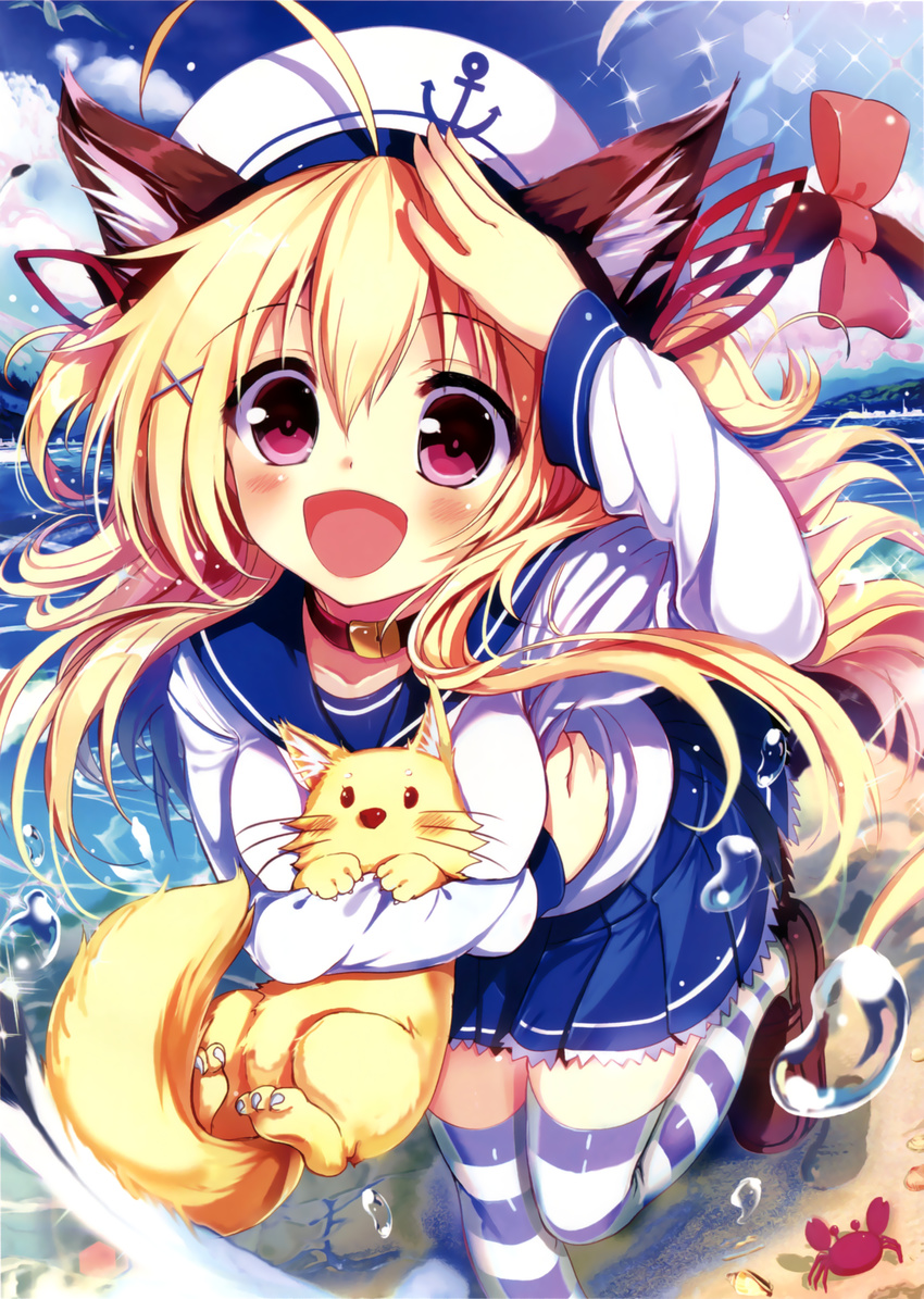 akabane blonde_hair blush cat_ears cat_tail choker hair_ornament hairpin hairpins happy hat highres long_hair red_eyes ribbon side_ponytail side_tail sky tail thighhighs tori twintails uniform water