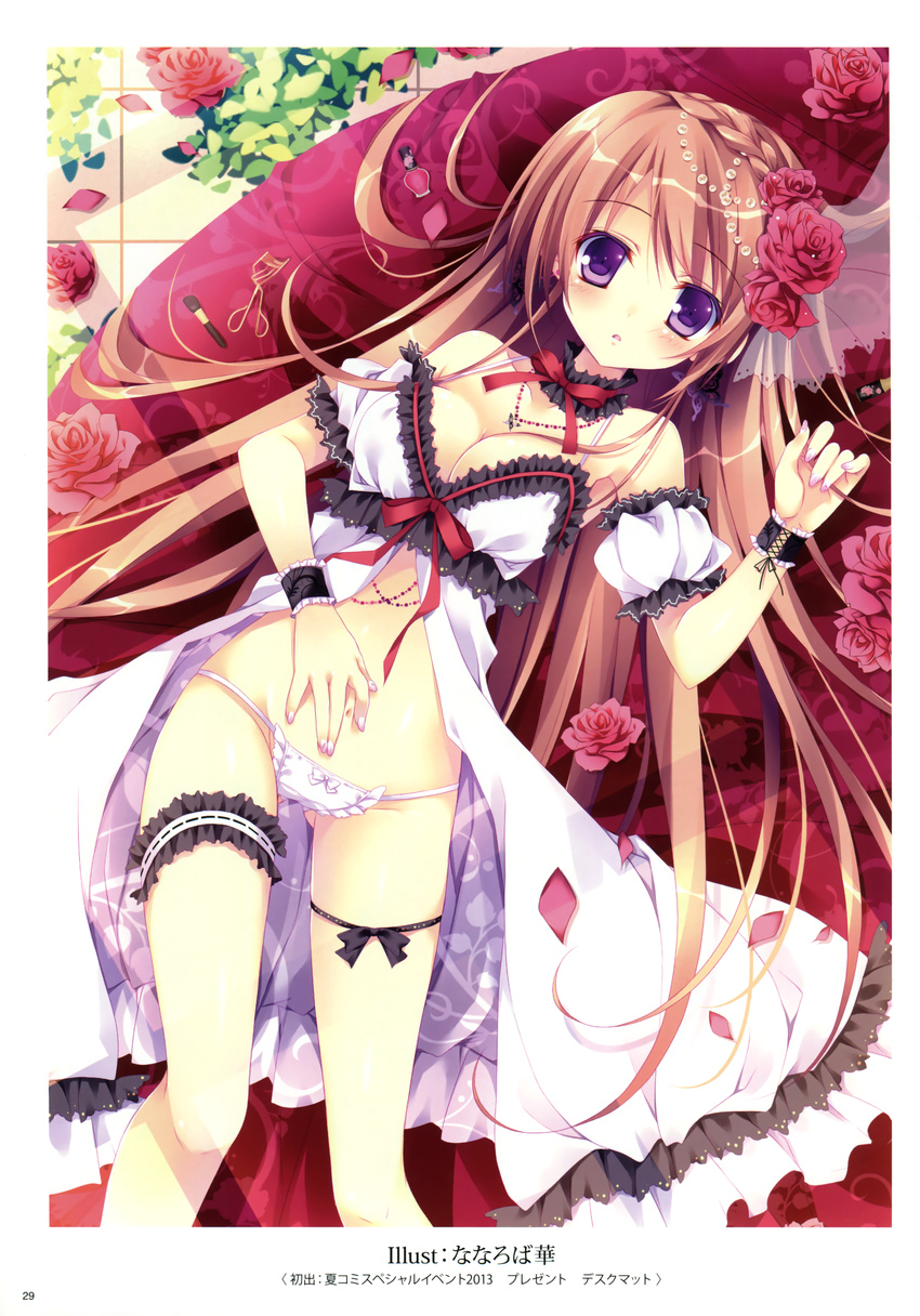 absurdres babydoll breasts brown_hair cleavage flower highres leg_garter long_hair lowleg lowleg_panties lying medium_breasts nanaroba_hana navel panties purple_eyes rose underwear very_long_hair white_panties wristband