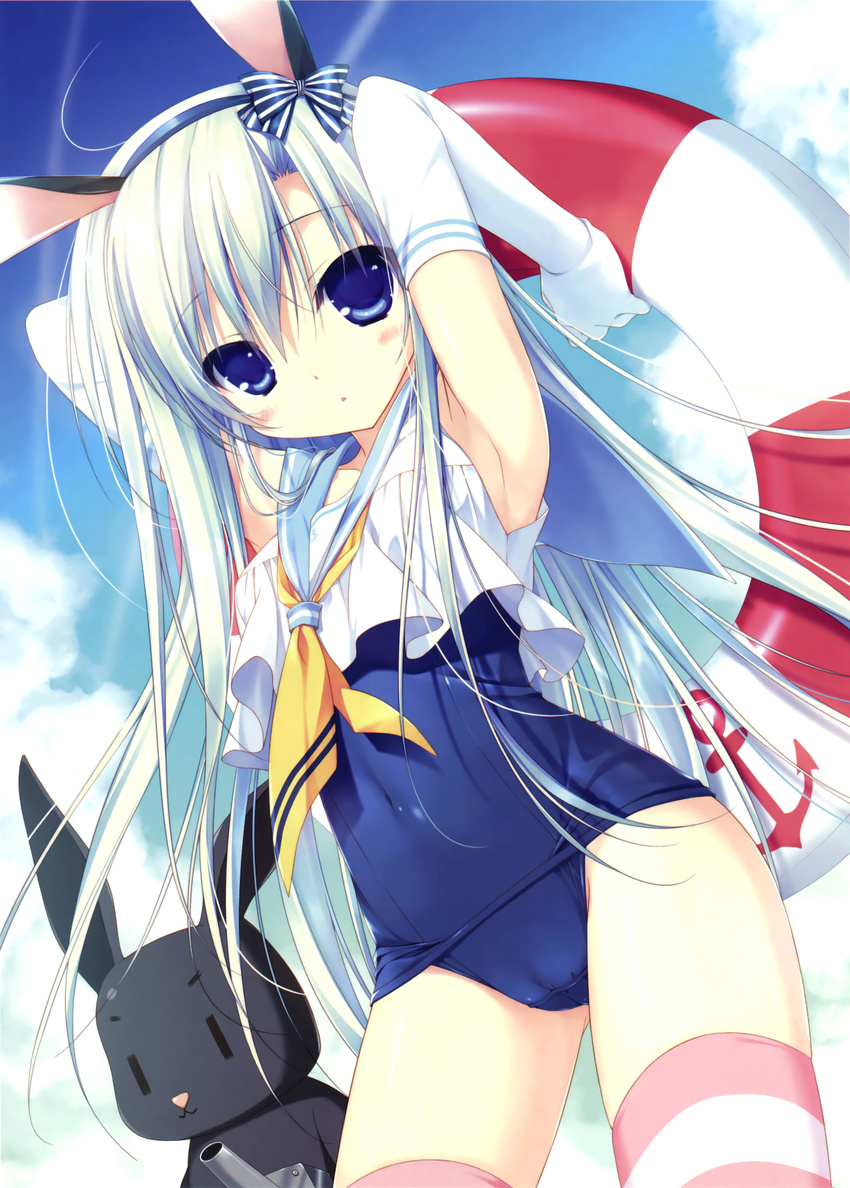 absurdres anchor_symbol animal_ears armpits arms_up blue_eyes blue_hair bunny_ears cameltoe chikotam contrapposto copyright_request covered_navel dutch_angle elbow_gloves fake_animal_ears gloves hairband highres innertube lifebuoy one-piece_swimsuit sailor_collar scan school_swimsuit solo standing striped striped_legwear swimsuit thighhighs white_gloves