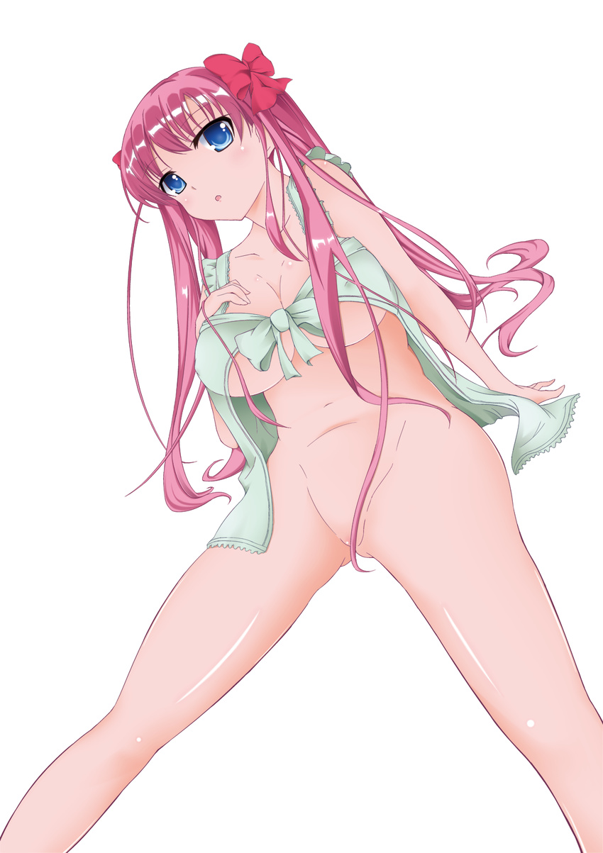 bad_id bad_pixiv_id blue_eyes blush bottomless breasts convenient_censoring hair_ornament haramura_nodoka highres large_breasts long_hair pink_hair saki solo spread_legs twintails underboob