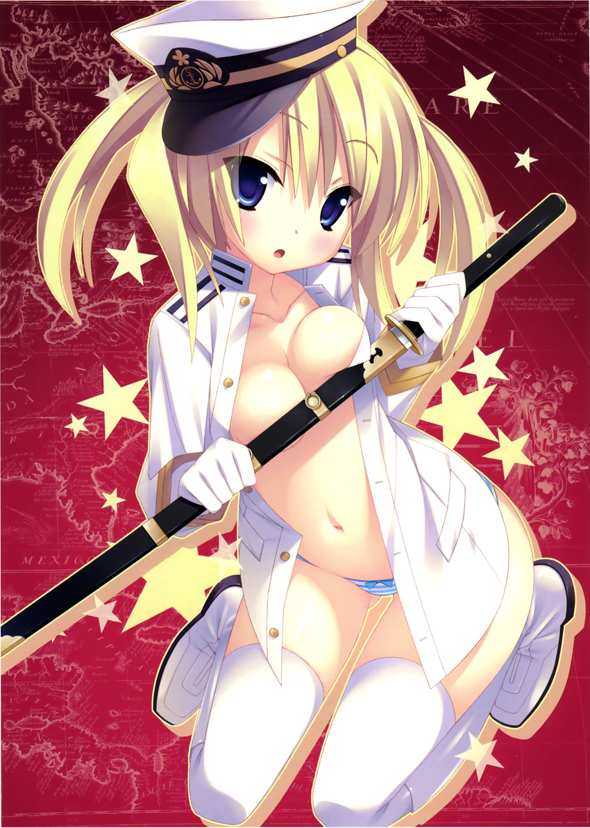 absurdres blonde_hair blue_eyes blush boots bow bow_panties breast_press breasts collarbone copyright_request gloves hat highres kannagi_rei katana knee_boots looking_at_viewer medium_breasts military military_uniform navel no_pants open_clothes open_mouth panties peaked_cap scan sitting solo striped striped_panties sword thighhighs twintails underwear uniform weapon white_footwear white_gloves white_legwear