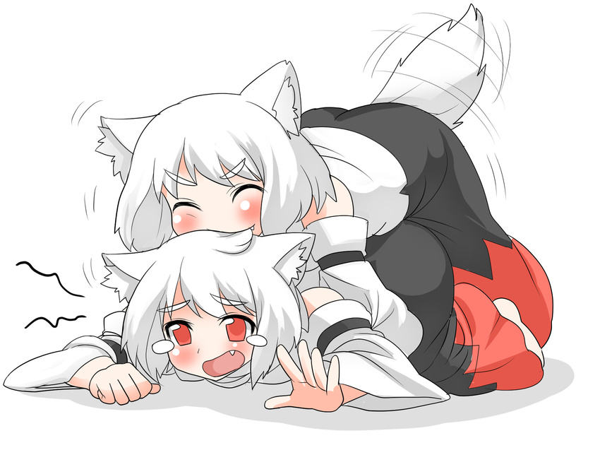 animal_ears bare_shoulders blush detached_sleeves dual_persona highres inubashiri_momiji mono_(moiky) multiple_girls open_mouth red_eyes short_hair silver_hair skirt smile tail tail_wagging touhou white_hair wolf_ears wolf_tail