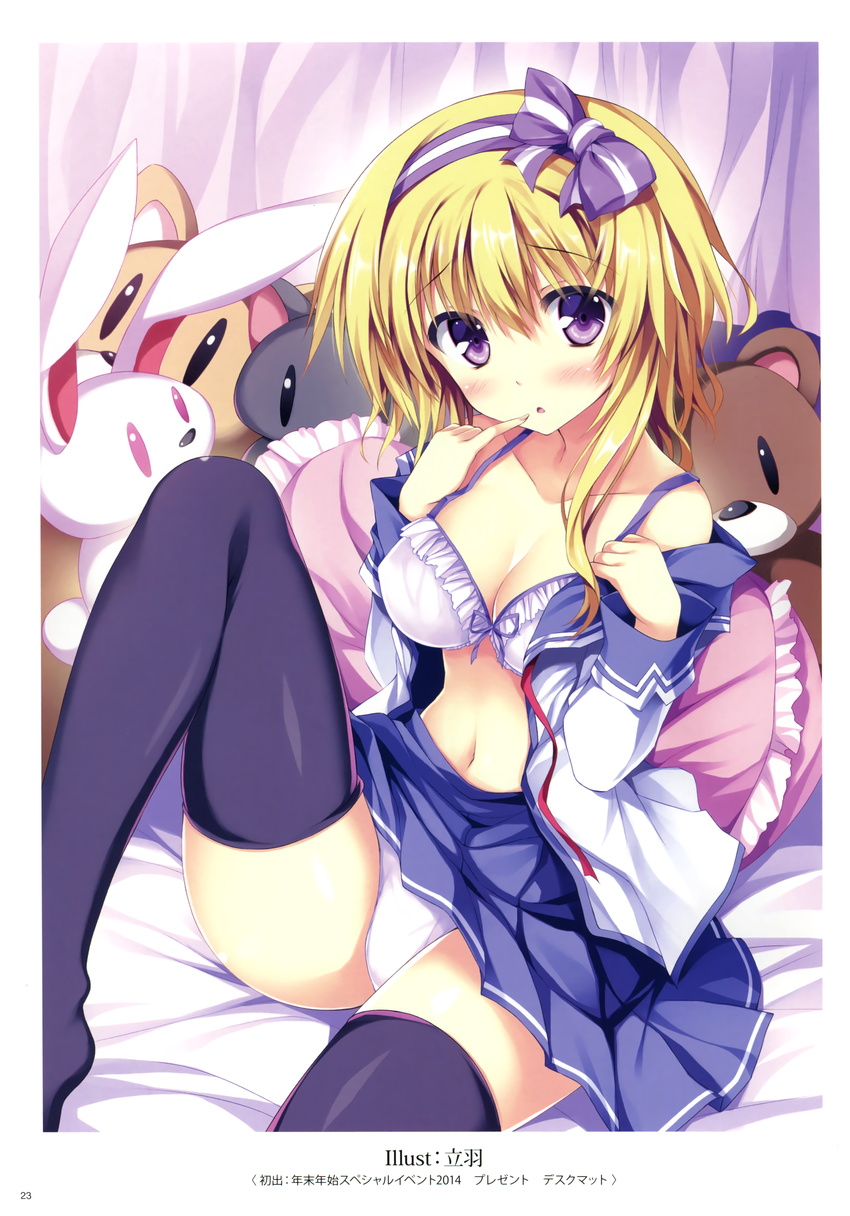 absurdres bed blonde_hair blush bow bra breasts cleavage hair_bow headband highres knee_up medium_breasts open_clothes open_shirt panties pillow purple_bra purple_eyes purple_legwear purple_panties school_uniform shirt short_hair sitting skirt skirt_lift stuffed_animal stuffed_bunny stuffed_toy tateha_(marvelous_grace) teddy_bear thighhighs underwear undressing