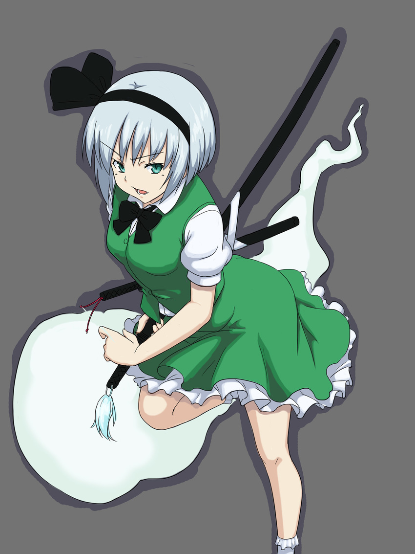 black_hairband bobby_socks bow bowtie dress_shirt ghost green_eyes green_skirt green_vest grey_background hair_bow hairband highres hitodama kakone katana konpaku_youmu konpaku_youmu_(ghost) leg_up looking_at_viewer puffy_short_sleeves puffy_sleeves ribbon scabbard sheath sheathed shirt short_hair short_sleeves silver_hair simple_background skirt socks solo sword tassel touhou tsurime vest weapon white_legwear white_shirt