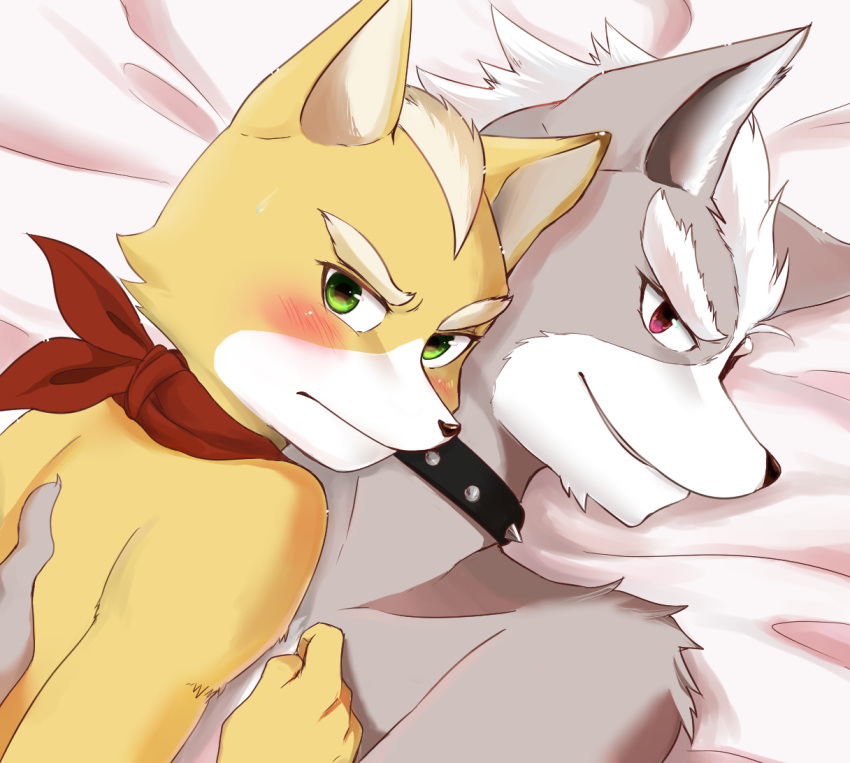 bed bed_sheet bedding blush canid canine canis collar duo fox fox_mccloud handkerchief lilith_(artist) male male/male mammal nintendo nude smile star_fox video_games wolf wolf_o'donnell
