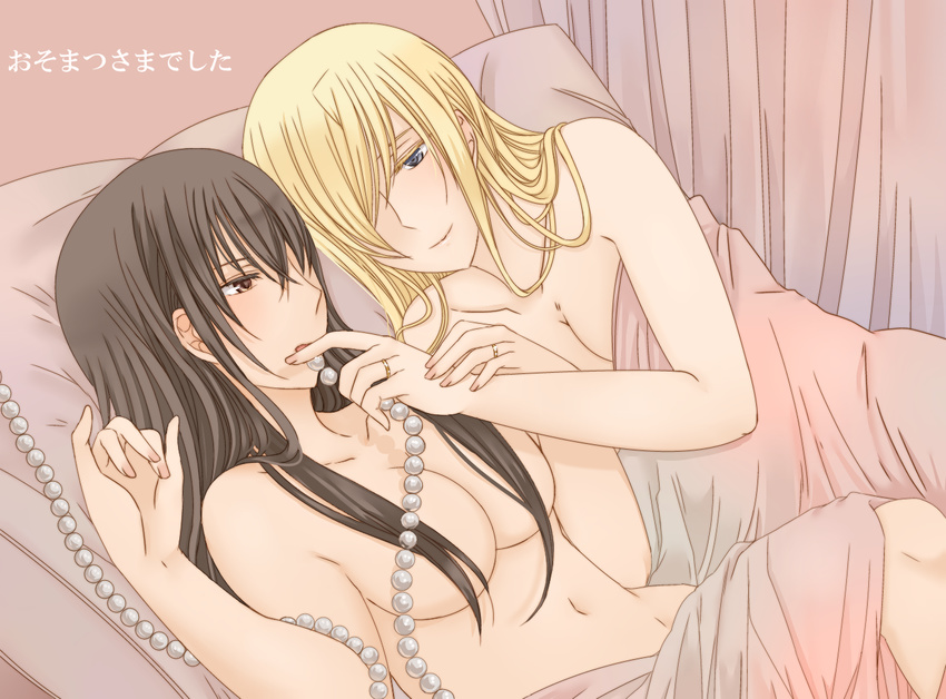 beads bed black_hair blanket blonde_hair blue_eyes blush breasts brown_eyes cleavage collarbone convenient_censoring curtains finger_in_another's_mouth hair_censor hair_over_one_eye hand_on_hand jewelry large_breasts leg_up long_hair looking_at_another lying multiple_girls navel nude on_back on_side original pillow ring wife_and_wife willowonion yuri