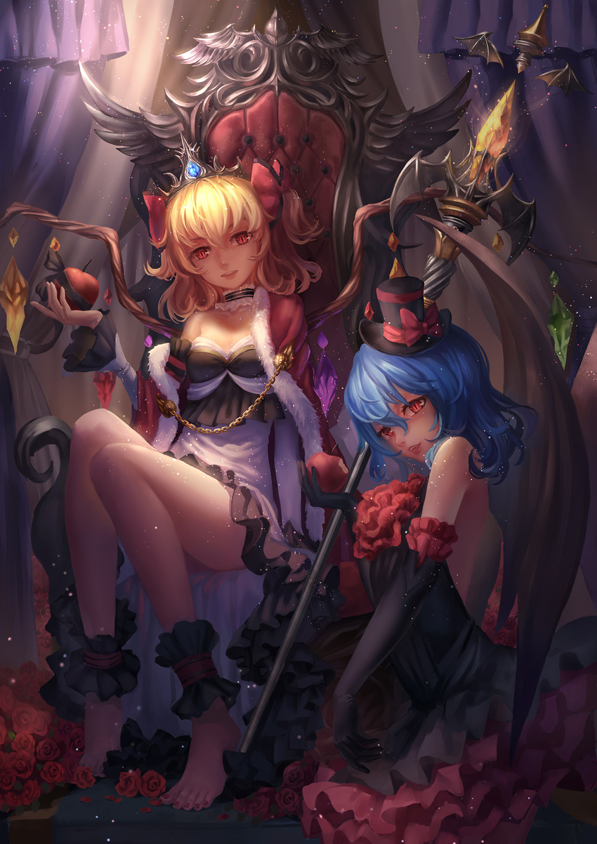alternate_costume ankle_cuffs bare_shoulders barefoot bat_wings black_gloves blonde_hair blue_hair bow cloak codec007 detached_collar dress elbow_gloves feet flandre_scarlet flower fur_trim gloves hair_bow hat highres looking_at_viewer multiple_girls nail_polish open_mouth petals polearm red_eyes red_nails remilia_scarlet rose short_hair sitting slit_pupils smile spear strapless strapless_dress throne tiara toenail_polish touhou weapon wings