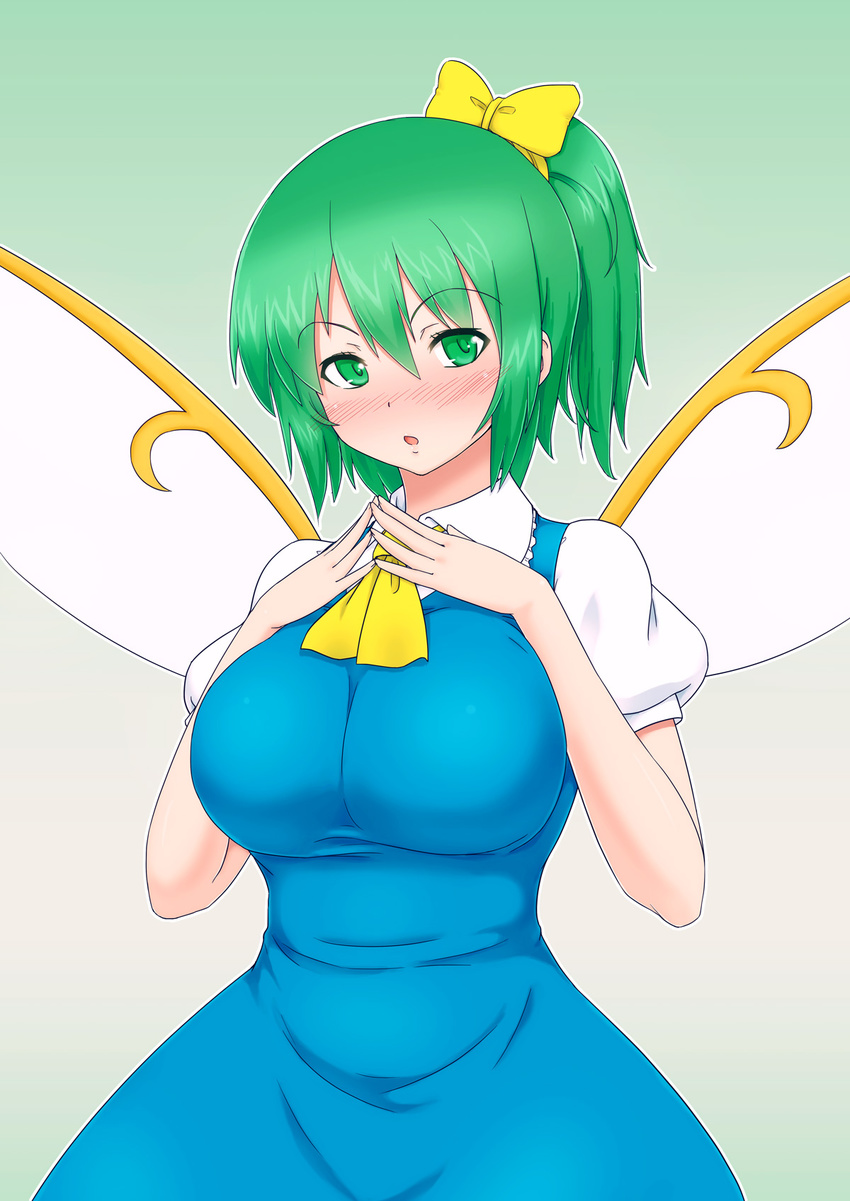 :o ascot blouse blush breast_hold breasts collared_shirt daiyousei dress_shirt fairy_wings full-face_blush gradient gradient_background green_eyes green_hair hair_ribbon highres kakone large_breasts looking_at_viewer nose_blush open_mouth puffy_short_sleeves puffy_sleeves ribbon shirt short_hair short_sleeves side_ponytail sketch solo touhou vest white_shirt wings