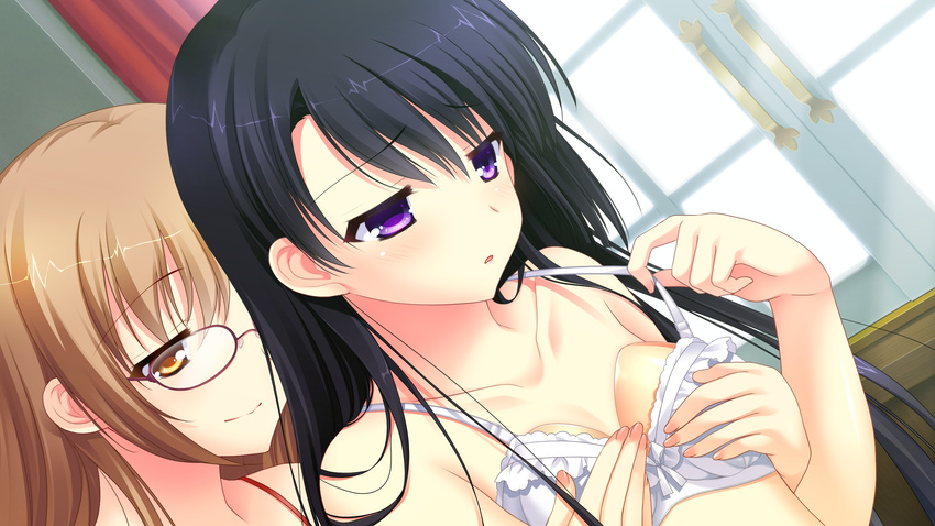 1boy 1girl blush bra breasts brown_hair chuablesoft game_cg glasses highres kirihara_misuzu kunai_uri noblesse_of_rouge oohinata_toshiya open_mouth orange_eyes purple_eyes trap underwear