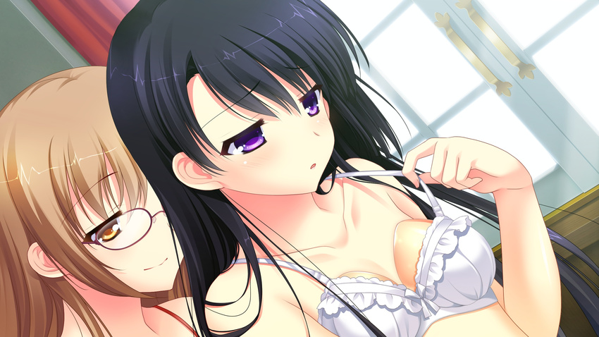 1boy 1girl blush bra breasts brown_hair chuablesoft game_cg glasses highres kirihara_misuzu kunai_uri noblesse_of_rouge oohinata_toshiya open_mouth orange_eyes purple_eyes trap underwear