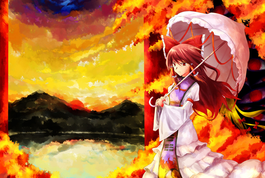 armband autumn autumn_leaves blonde_hair bow brown_hair commentary cosplay dress gap hair_bow hair_tubes hakurei_reimu highres lake long_hair looking_afar mountain nature red_eyes red_sun reflection serious solo standing sunabukuro_ko_akuma sunset tabard torii touhou twilight umbrella water white_dress yakumo_yukari yakumo_yukari_(cosplay) yellow_sky