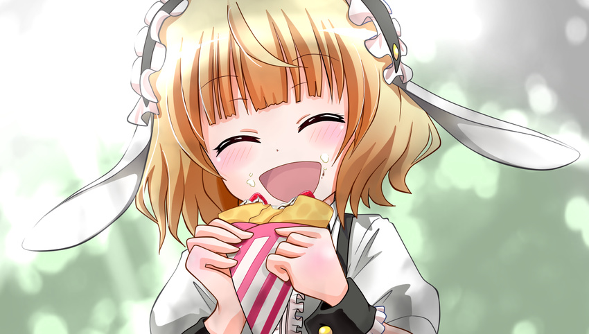 1girl crepe eyes_closed food food_on_face gochuumon_wa_usagi_desu_ka? gochuumon_wa_usagi_desuka? kirima_sharo open_mouth rokushaku_neko smile solo