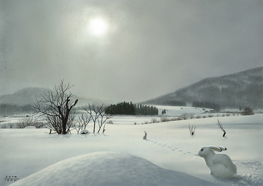 bare_tree bunny cloud cloudy_sky day fog footprints forest grey_sky horizon landscape matataku mountain nature no_humans original outdoors photorealistic scenery signature sky snow sun tree winter