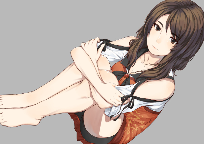 1girl absurdres bare_shoulders brown_eyes brown_hair fatal_frame fatal_frame_5 feet highres kozukata_yuuri long_hair looking_at_viewer no_shoes shiro_manjuu_(shiroxie) short_shorts shorts simple_background sitting solo thigh_strap