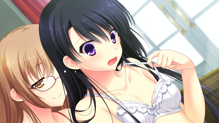 1boy 1girl blush bra breasts brown_hair chuablesoft game_cg glasses highres kirihara_misuzu kunai_uri noblesse_of_rouge oohinata_toshiya open_mouth orange_eyes purple_eyes trap underwear