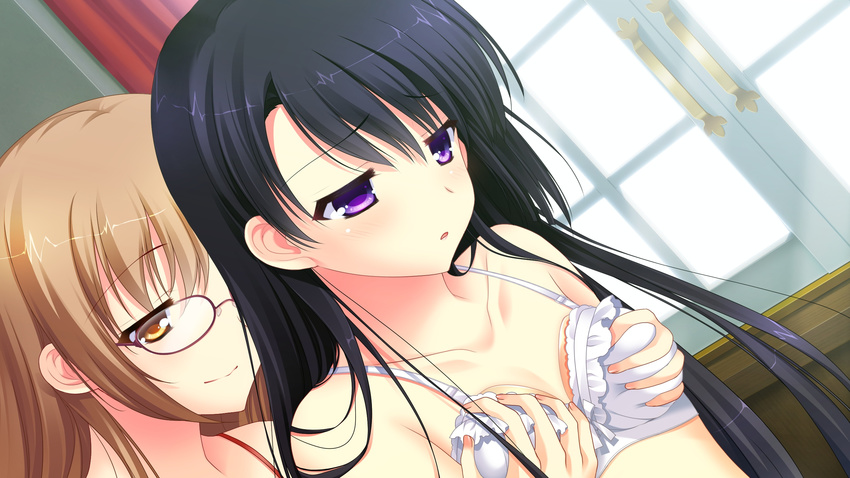 1boy 1girl blush bra breasts brown_hair chuablesoft game_cg glasses highres kirihara_misuzu kunai_uri noblesse_of_rouge oohinata_toshiya open_mouth orange_eyes purple_eyes trap underwear