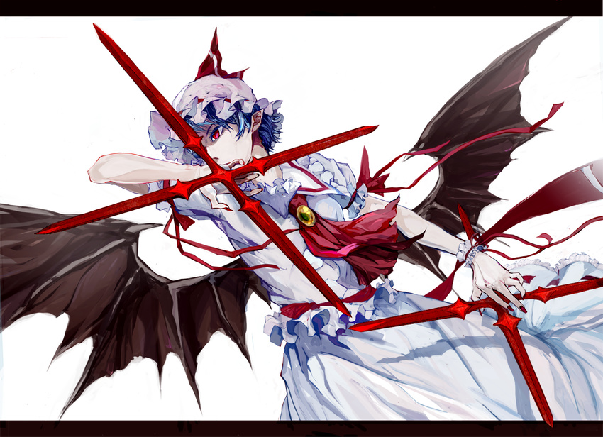 arm_ribbon ascot bat_wings blue_hair cross cuffs dress fingernails frilled_skirt frills handcuffs hat hat_ribbon heart jewelry letterboxed mob_cap nail_polish pointy_ears puffy_sleeves red_eyes red_nails remilia_scarlet ribbon ribbon-trimmed_headwear ribbon_trim sharp_fingernails short_sleeves simple_background skirt skirt_set solo touhou ue_toono_(atano) weapon white_background wings