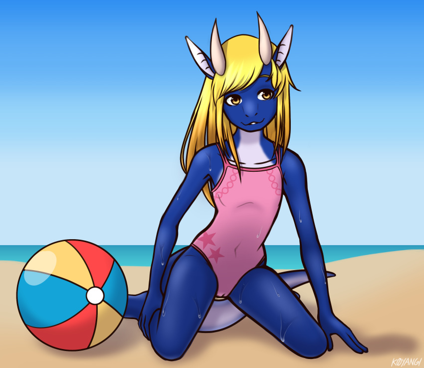 animal_genitalia anthro arki ball beach_ball blonde_hair butt camel_toe clothed clothing crossdressing cub dragon genital_slit girly hair hi_res horn invalid_tag k0yangi lizard long_hair male one-piece_swimsuit pinup pose reptile scalie sea slit solo swimsuit water western_dragon young