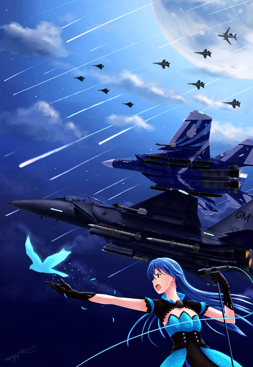 absurdres ace_combat ace_combat_6 aim-120_amraam aim-9_sidewinder aircraft airplane bandai_namco bird black_gloves blue_hair bomb brown_eyes cloud cloudy_sky commentary company_connection dove dress e-767 elbow_gloves f-15_eagle f/a-18e_super_hornet fighter_jet full_moon garuda_1 gloves highres idolmaster idolmaster_(classic) jet kisaragi_chihaya long_hair marcus_lampert microphone microphone_stand military military_vehicle mirage2000 missile moon music namco open_mouth outstretched_arm pilot shooting_star signature singing sky star_(sky) thompson