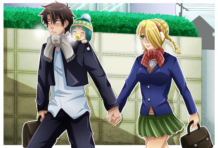 1girl 2boys baby_be'el baby_be'el beelzebub_(manga) blonde_hair brown_hair green_eyes green_hair hand_holding hat hilda_(beelzebub) karoll_ann multiple_boys oga_tatsumi outside_border outside_of_border scarf skirt