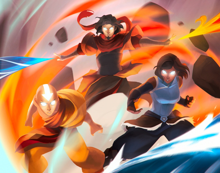 2boys aang ankle_wraps avatar:_the_last_airbender avatar_state bald bare_shoulders charles_tan dark_skin elbow_gloves epic facial_hair fighting_stance fingerless_gloves fire gloves glowing glowing_eyes goatee highres korra legend_of_korra looking_at_viewer multiple_boys multiple_persona nickelodeon pelt rock scarf short_hair sleeveless tattoo the_legend_of_korra wan wind