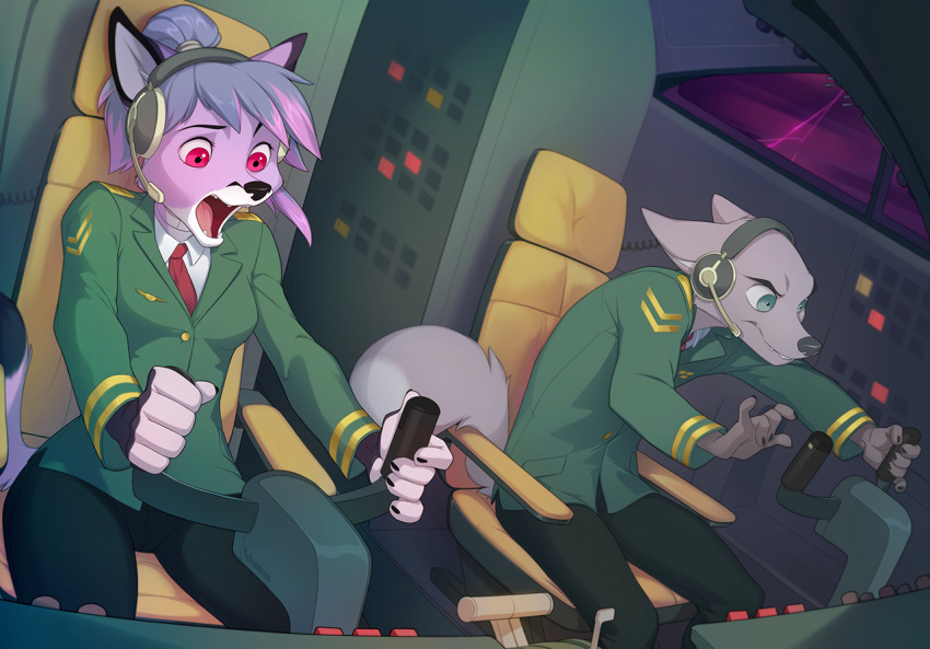 2019 5_fingers anthro black_nose canid canine clothed clothing detailed_background digital_media_(artwork) duo female fox green_eyes male mammal open_mouth sitting teeth tongue yulliandress