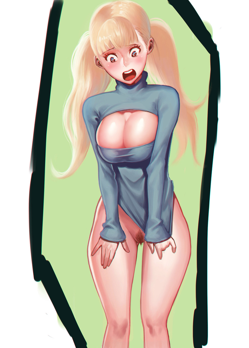 absurdres bad_id bad_pixiv_id bangs blonde_hair blush breasts chopguy cleavage_cutout clothes_tug highres large_breasts long_hair looking_down meme_attire open-chest_sweater open_mouth original pubic_hair shirt solo sweater sweater_tug taut_clothes taut_shirt twintails