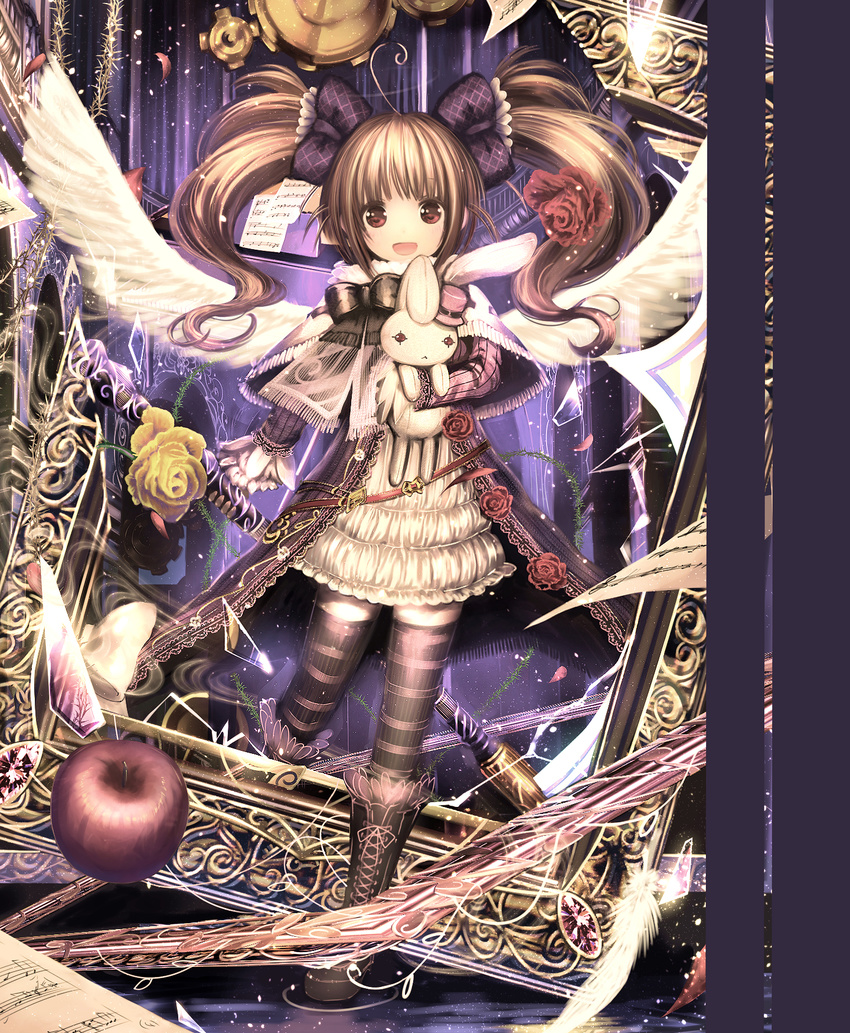 beamed_eighth_notes beamed_sixteenth_notes brown_hair catbell flower highres long_hair looking_at_viewer musical_note natural_sign open_mouth original quarter_note rose sheet_music sixteenth_note smile solo thighhighs treble_clef twintails wings