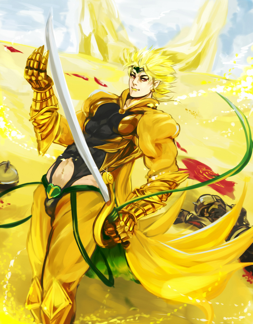 adapted_costume armor bad_id bad_pixiv_id blonde_hair claws dio_brando gauntlets headband highres jojo_no_kimyou_na_bouken leotard male_focus muu_(brnkhat) navel red_eyes solo stardust_crusaders sword the_world weapon