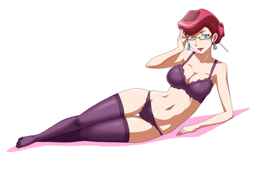 adjusting_eyewear arm_support blue_eyes bra breasts cleavage earrings glasses goriate hair_bun jewelry large_breasts lipstick looking_at_viewer lying makeup navel on_side panties red_hair scarlet_(space_dandy) semi-rimless_eyewear solo space_dandy thigh_gap thighhighs under-rim_eyewear underwear underwear_only