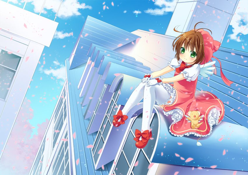 brown_hair cardcaptor_sakura cherry_blossoms dress gloves green_eyes hanamiya_natsuka hat kero kinomoto_sakura magical_girl petals pink_hat short_hair sitting thighhighs white_gloves white_legwear wings