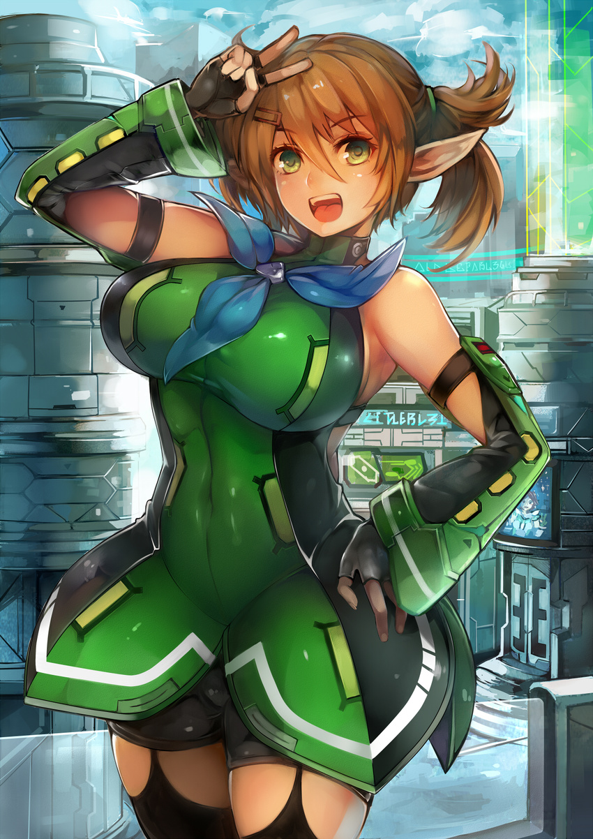 :d black_legwear breasts cowboy_shot elbow_gloves fingerless_gloves gloves green_eyes hair_between_eyes hair_ornament hairclip hand_on_hip highres large_breasts long_pointy_ears luco_san open_mouth patty_(pso2) phantasy_star phantasy_star_online_2 pointy_ears shorts smile solo thighhighs twintails v