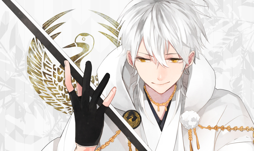 bird crane_(animal) gloves japanese_clothes jewelry male_focus necklace partly_fingerless_gloves shigamaru smile solo sword touken_ranbu tsurumaru_kuninaga weapon white_hair yellow_eyes