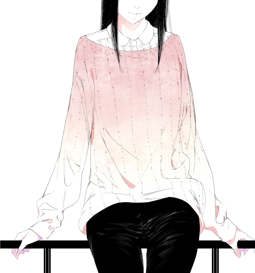 arm_support black_hair cowboy_shot head_out_of_frame highres long_hair long_sleeves original pants railing simple_background sitting solo sousou_(sousouworks) white_background