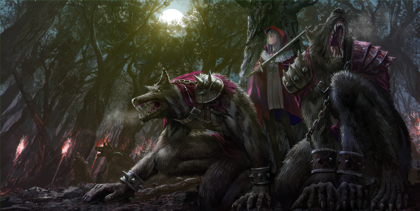 1girl chains cloak commentary_request cuffs forest full_moon fur_collar handcuffs holding holding_sword holding_weapon hood hooded_cloak long_hair looking_away moon moonlight nature night noba outdoors pantyhose pixiv_fantasia pixiv_fantasia_last_saga red_cloak scenery shoulder_armor solo spaulders spikes standing sword torch tree weapon werewolf wide_shot