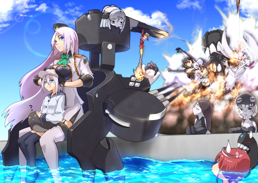 armored_aircraft_carrier_hime big.g chibi explosion fairy_(kantai_collection) ha-class_destroyer hibiki_(kantai_collection) i-58_(kantai_collection) i-class_destroyer kantai_collection kuchiku_i-kyuu long_hair machinery missile multiple_girls nagato_(kantai_collection) original pleated_skirt ru-class_battleship school_uniform serafuku shinkaisei-kan short_hair skirt sweatdrop ta-class_battleship turret verniy_(kantai_collection) wo-class_aircraft_carrier