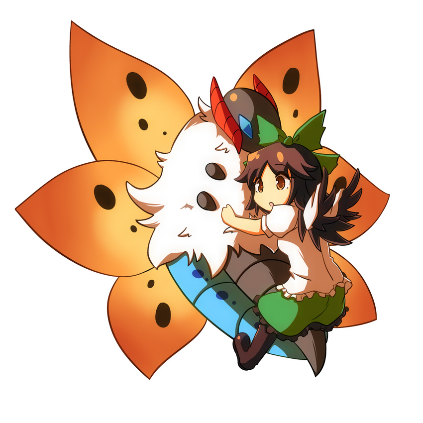 :o bird_wings boots bow brown_hair bug chibi crossover full_body fur gen_5_pokemon hair_bow highres insect_wings moja_(moja4192) open_mouth pokemon pokemon_(creature) pokemon_(game) pokemon_bw power_connection puffy_short_sleeves puffy_sleeves red_eyes reiuji_utsuho shirt short_hair short_sleeves simple_background skirt touhou volcarona white_background wings