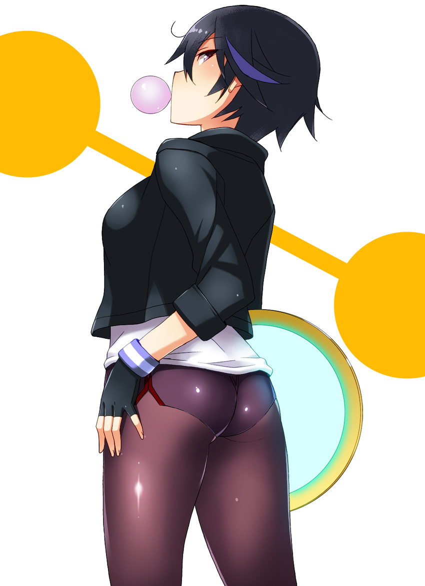 ass big_hero_6 black_hair black_legwear brown_eyes bubble_blowing chewing_gum disc fingerless_gloves gloves gogo_tomago highres jacket multicolored_hair nakamura_yukitoshi pantyhose short_hair solo two-tone_hair