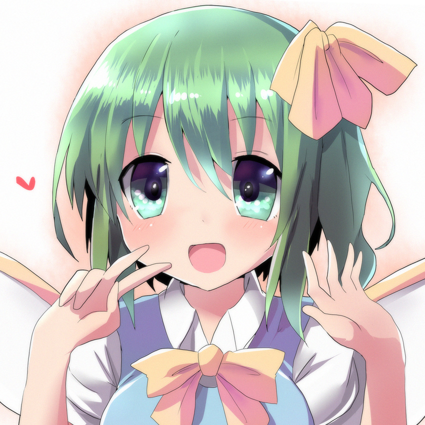 blue_dress blush bow breasts daiyousei dress fairy fairy_wings green_eyes green_hair hair_ribbon heart highres kuromu_(underporno) large_breasts open_mouth pose ribbon shirt short_sleeves side_ponytail smile solo touhou upper_body v wings