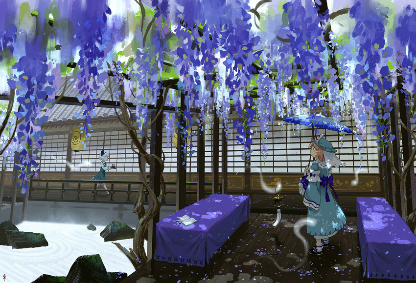 aqua_dress architecture arm_strap book bow building dappled_sunlight dress east_asian_architecture flower ghost hair_ribbon hat konpaku_youmu lantern long_sleeves mob_cap moss multiple_girls open_book paper_lantern parasol petals petticoat pink_hair railing ribbon rock rock_garden saigyouji_yuyuko sash scenery seeker short_hair silver_hair standing sunlight table tea_set touhou tray trellis triangular_headpiece umbrella veil veranda walking wide_shot wide_sleeves wisteria wooden_floor